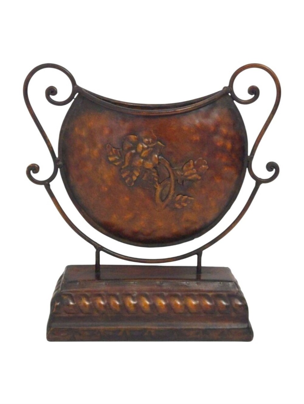 Tuscan Floral & Scroll Brown Hammered Metal Mediterranean Cradle Vase w Handles